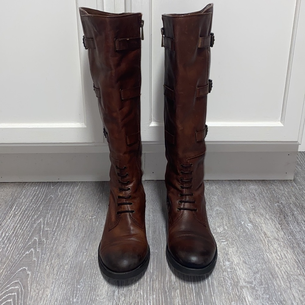 Vince Camuto Fenton Russet Two Tone Brown Leather Knee-High Buckle Riding Boots - Picture 8 of 17